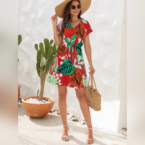 Drawstring Printed V-Neck Mini Dress - Picture 1 of 5